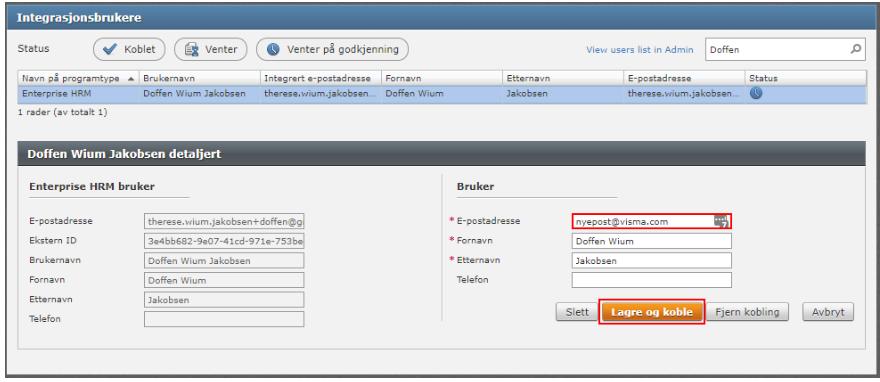 Ver.0.02 Side: 10 av 14 Legg nå inn den nye e-posten i feltet for e-post på høyre side og velg lagre og koble. Brukeren får nå en e-post om ny bruker.