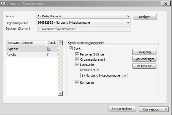 Ver.0.02 Side: 8 av 14 Visma.net Tjenestesenter Trykk på Verktøy / Visma.net Tjenestesenter. Trykk deretter på navnet Expense under Visma.net tjeneste for å få opp menyen Synkroniseringsoppsett.