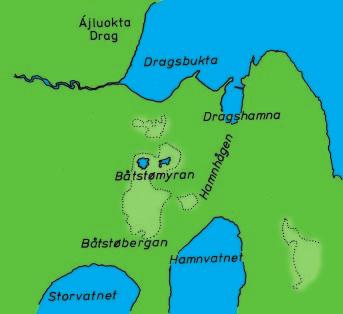 Karta 1: Ájluokta Drag i Tysfjord, med sjöar och landsträckor som förkortade båtfärderna i gammal tid. t.ex.