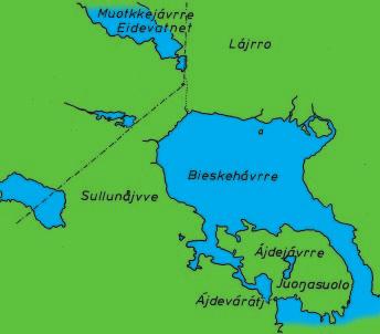 Karta 2: Bieskehávrre i norra Arjeplog med flera namntyper som syftar på landsträckor mellan vatten. handelsmän från ryskt, dansk-norskt och svensk-finskt håll.
