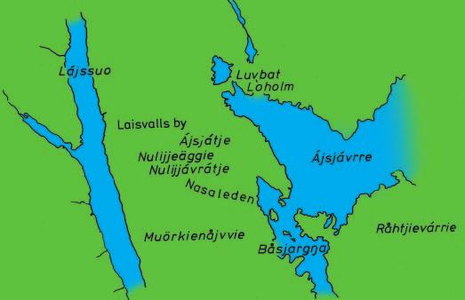 Karta 4: Sjön Ájsjávrre, södra Arjeplog, som tillsammans med andra namn visar områdets betydelse för samfärdsel i gammal tid. eller fjäll ).