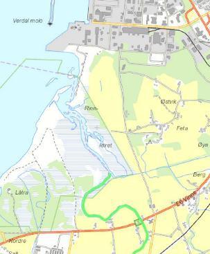 Figur 6: Kartutsnitt som viser Rinnelva (grønn) sør for Verdal Havn (NVE, 12.1.2015) 3.4.