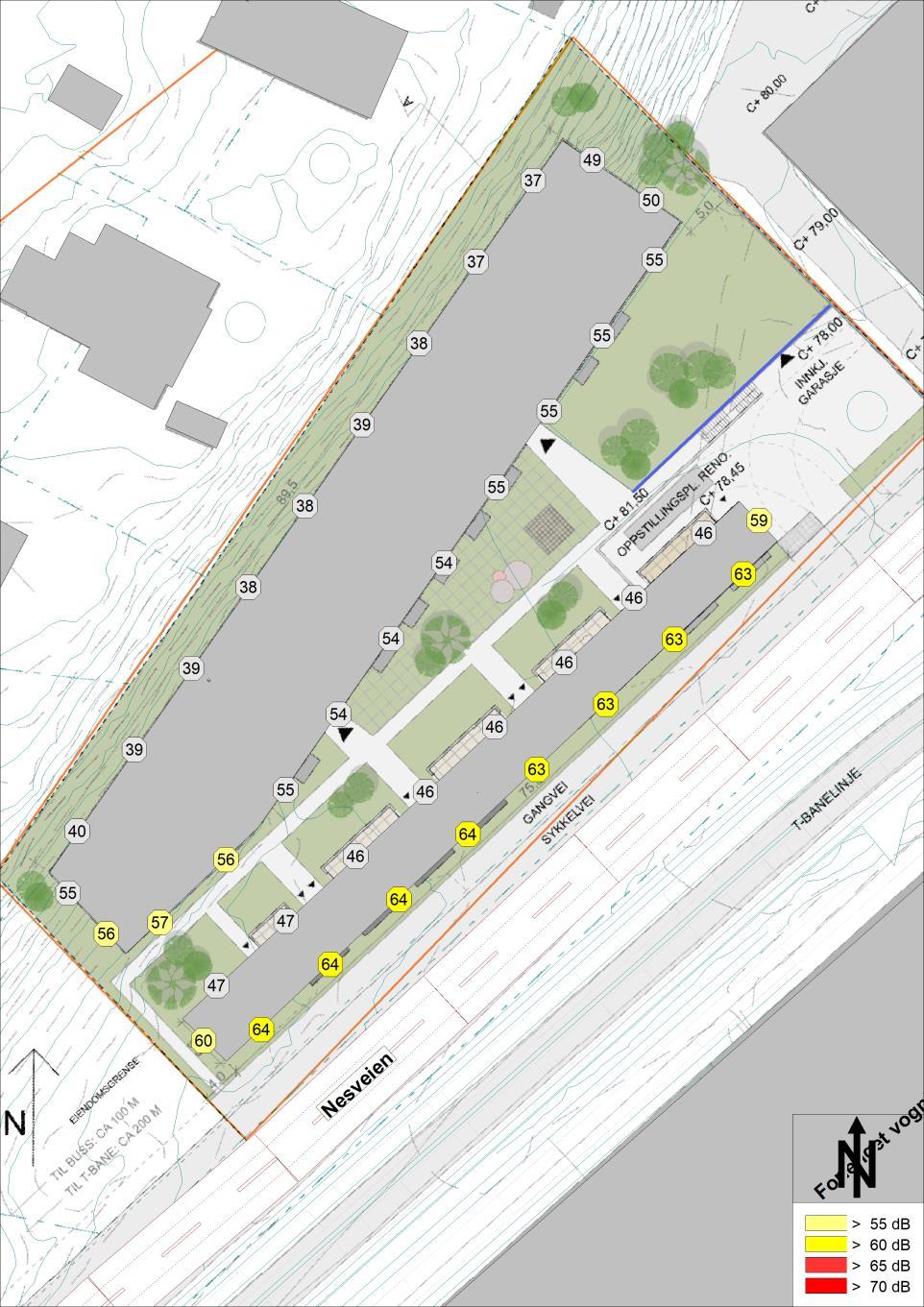 4 Resultat av støyberegninger Beskrivelse av beregningsmetode, og beregningsforutsetninger er vist i vedlegg 1. 4.1 Støynivå ved fasade Støynivå på fasade er vist på Figur 2 og Figur 3.