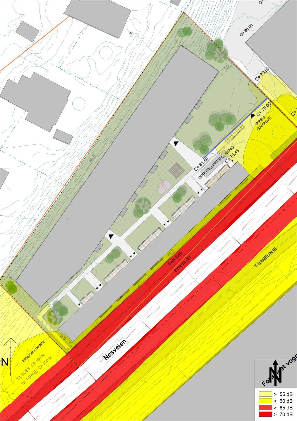 4.2 Støynivå på utendørs oppholdsareal Støy beregnet i 1,5 meter høyde fra vei og t-bane er vist på Figur 4 og Figur 5.