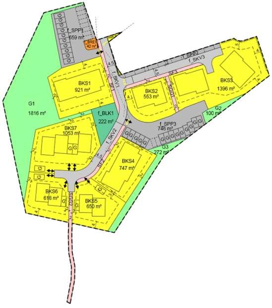 øst. Samlet planareal er på 11,13 daa. 5. Presentasjon av forslag til reguleringsplan Det knapt 11 daa store området reguleres i hovedsak til konsentrert bebyggelse med tilhørende anlegg.