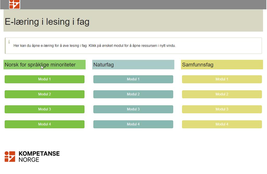 SIDE 6 AV 12 Forside e-læring i lesing i fag I fagene er det fire moduler som tilsvarer inndelingen