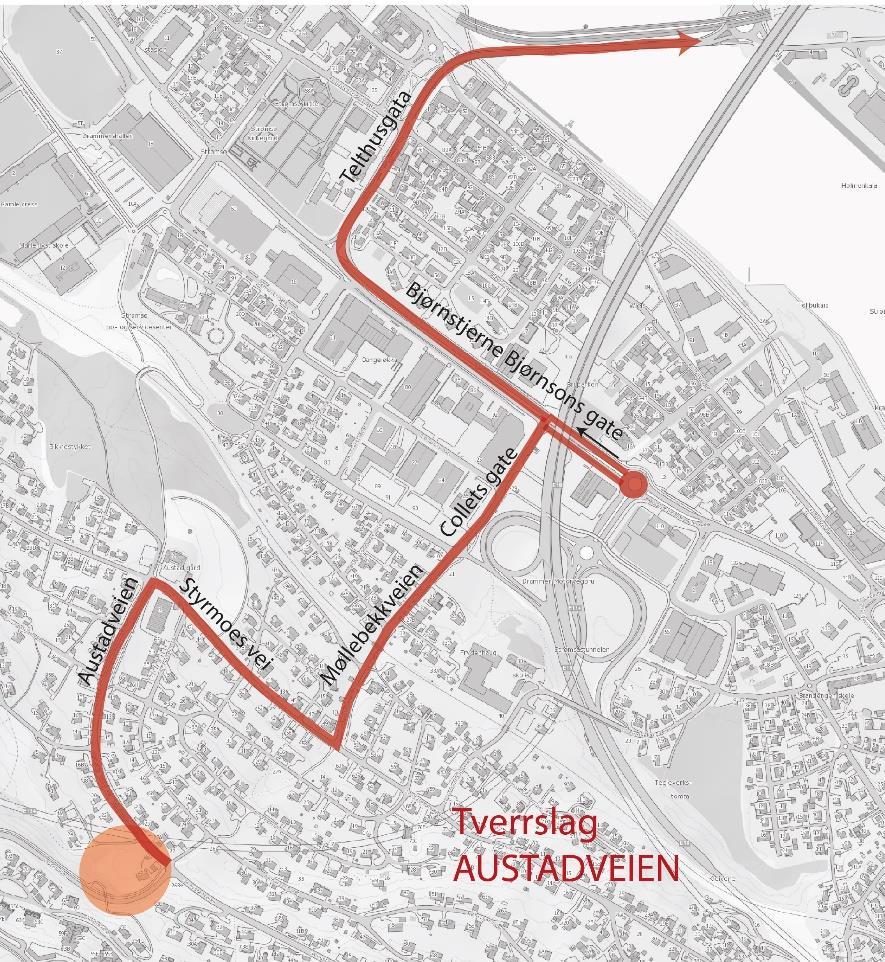 42 av 51 Figur 33: Transportrute for masser fra riggområdet ved tverrslaget ved Austadveien. Tverrslaget ligger inntil et større boligområde. Massetransporten vil være en belastning for nærmiljøet.