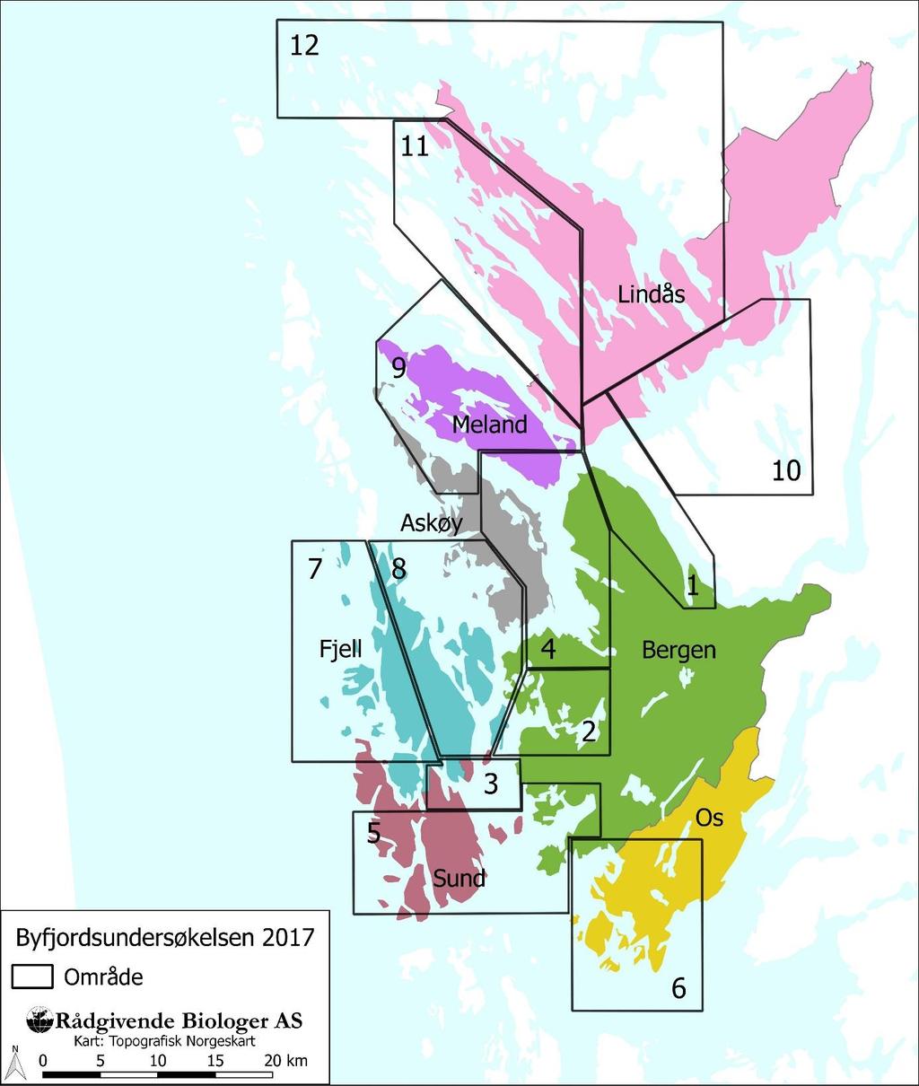 Områdeinndeling OMRÅDEINNDELING Fjordsystemene rundt Bergen er delt inn i områder basert på tidligere undersøkelser (Byfjordsundersøkelse, område 1-5), med en utvidelse av overvåkingsprogrammet i
