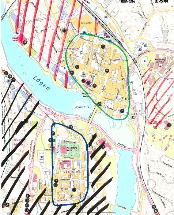 Dagens parkeringsordning: Her følger en grov gjennomgang av dagens parkeringsordning: Blå ring: Vestsiden sentrum er regulert med tidsbegrenset avgiftsfri parkering med P-skive (krav om å dokumentere