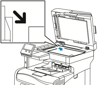 Xerox -apper Bruk glassplaten til enkeltark og papir som ikke kan legges i tosidigmateren. Løft opp originalmateren, og legg i originalen med forsiden ned og mot øverste venstre hjørne av glassplaten.