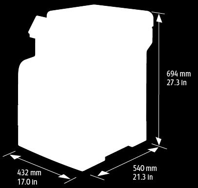 Spesifikasjoner Fysiske spesifikasjoner Vekt og fysiske mål Standardkonfigurasjon Konfigurasjon med valgfri 550-arks mater Bredde 432 mm (17 tommer) 432 mm (17 tommer) Dybde 540 mm (21,3 tommer) 540