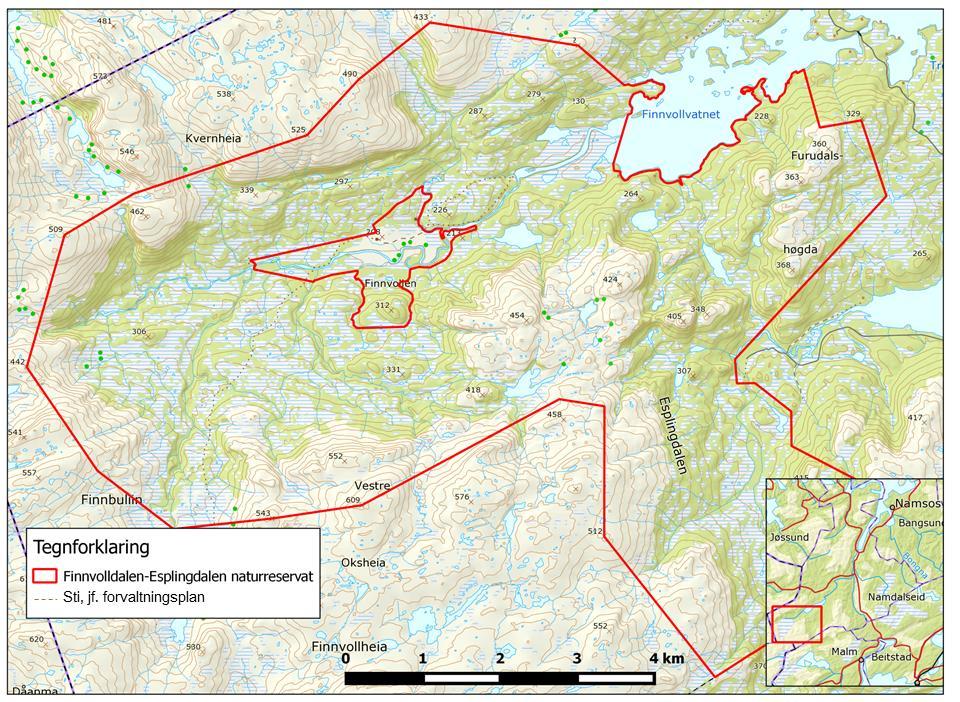Figur 2. Kart over Finnvolldalen-Esplingdalen naturreservat. 1.2.1 Vegetasjon Finnvolldalen er et mektig og skogrikt dalføre der det også inngår en del myr.