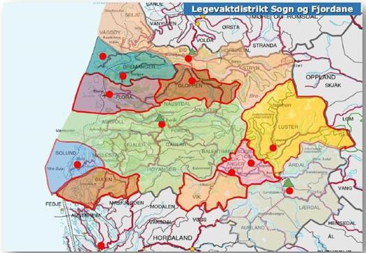 Vedlegg 4 Kart over legevaktene i Sogn og Fjordane på vakttid Raude prikkar viser plassering av legevaktlegane (NB for