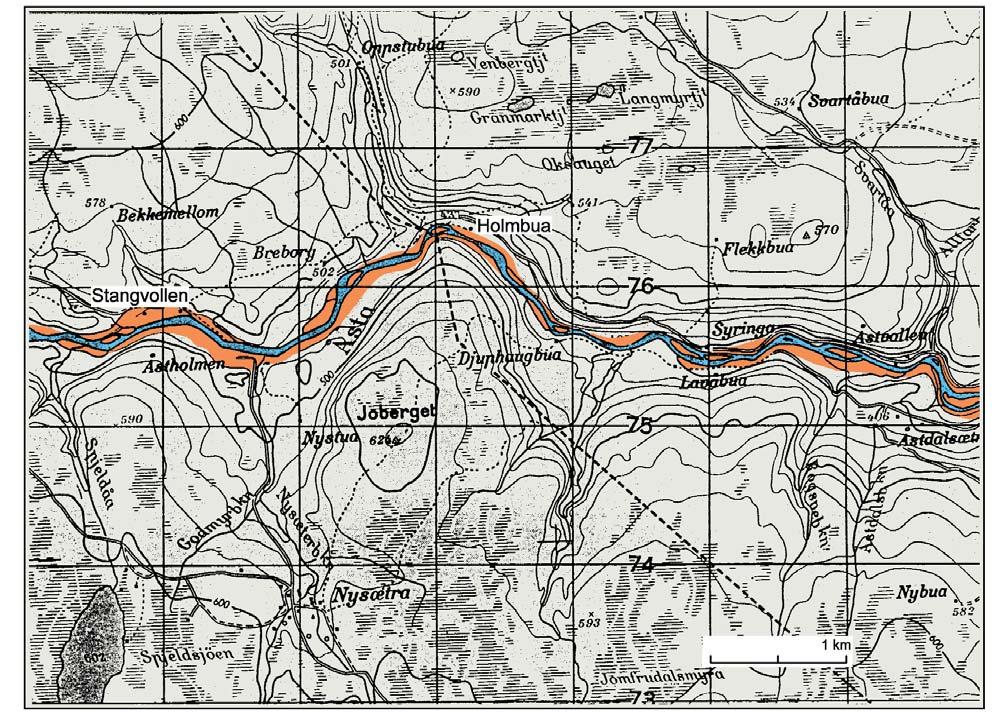 Fig 9. Kart over området med løpsendringer i Åsta vassdraget under flommen i 1995. Fig 9. Area of channel changes in the river Åsta during the 1995 flood. skal initieres.