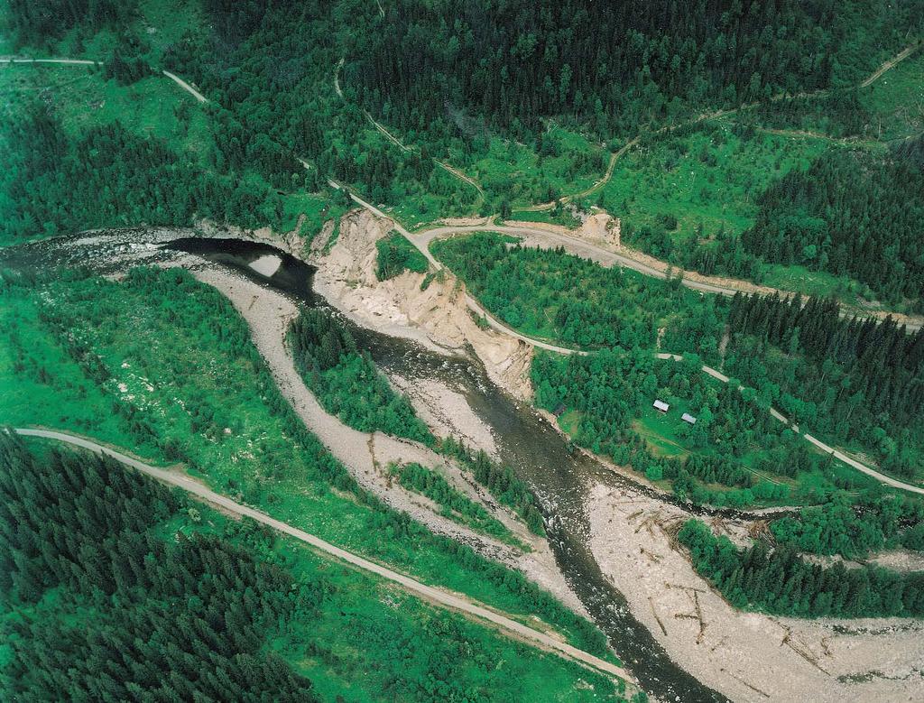 Fig 10. Erosjonsområdet ved Holmbua i Åsta vassdraget. Fig 10. Area of heavy erosion near Holmbua on the river Åsta. Photo: NVE archive 1995. ble for stort og massene raste ut.