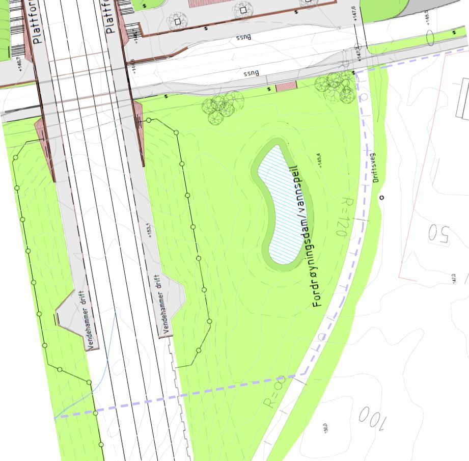 brønn Figur 22 Utsnitt fra landskapsplanen ved Kongspartvegen/ nye Tangen stasjon. Planen viser hvor driftsvegen er ønsket lagt.