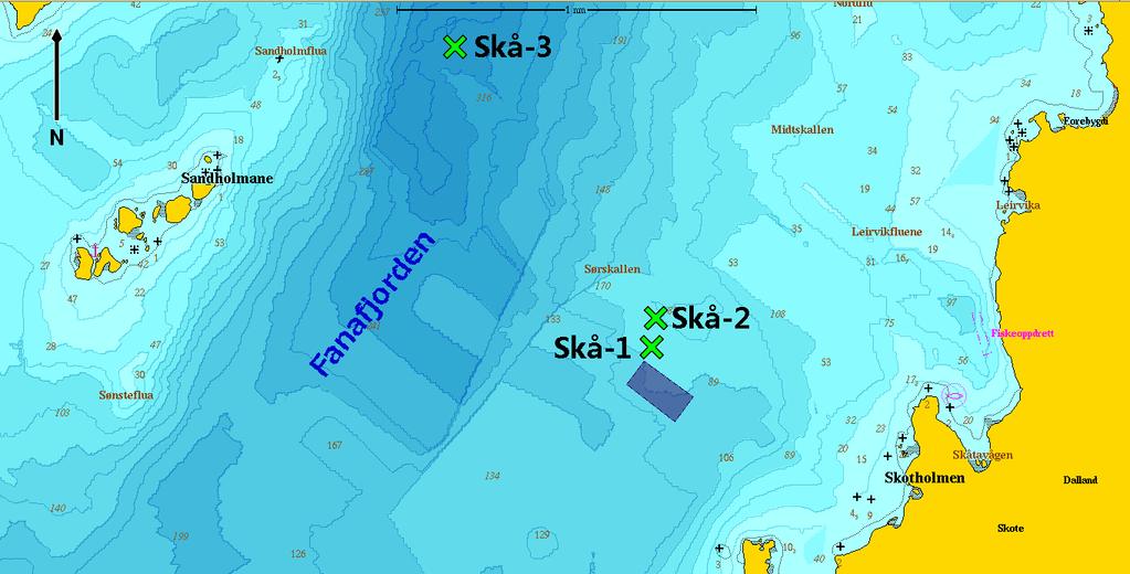 Figur 2.2: Utsnitt av Skåtholmen med referansestasjon i dypet og stasjoner ved anlegget.