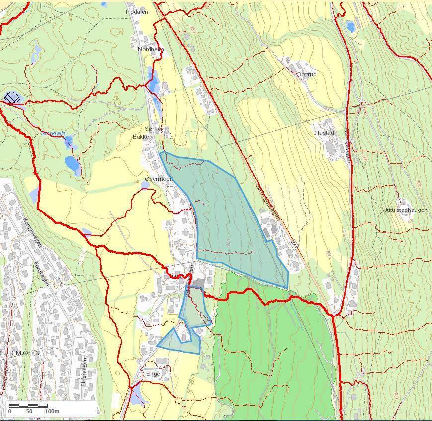 Innspillsområdet Engemark Golfbane Figur 8: Flomveiskart for planområdene (Innlandsgis). Antatte flomveier, ut fra topografi hvor vannet kan samle seg og drenere videre, er markert med rødt.