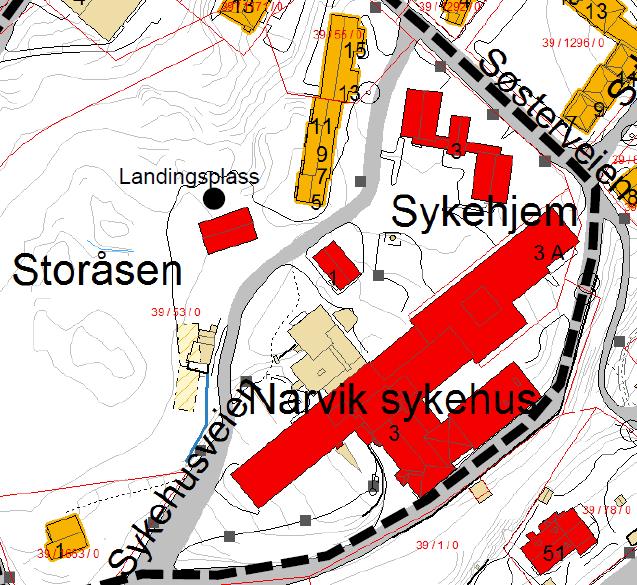 Eierforhold Universitetssykehuset Nord-Norge HF er hjemmelshaver på eiendommen Sykehusveien 3, G.nr 39, B.nr 53 i Narvik kommune. Kopi av naboliste fra Matrikkelen er vedlagt.