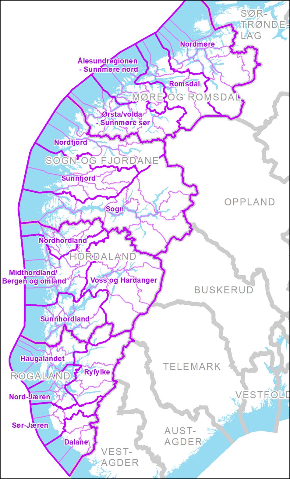 For de data som er tilgjengelig på kommunenivå er det definert hensiktsmessige regioner, som vist i kartet nedenfor.