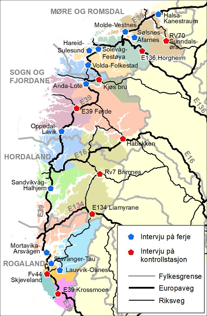 3. VEGKANTINTERVJU 3.1. Metode og gjennomføring 3.1.1. Intervjupunkt Vegkantintervju ble gjennomført på 9 kontrollstasjoner og 12 ferjestrekninger på Vestlandet, se Figur 3-1.