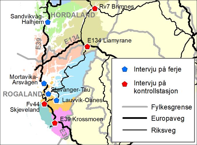 undersøkelsesdager i april 2018. Kart og diagram nedenfor viser intervjustedene og tilhørende godsmengder ved innfallsportene til Rogaland og Sunnhordland.