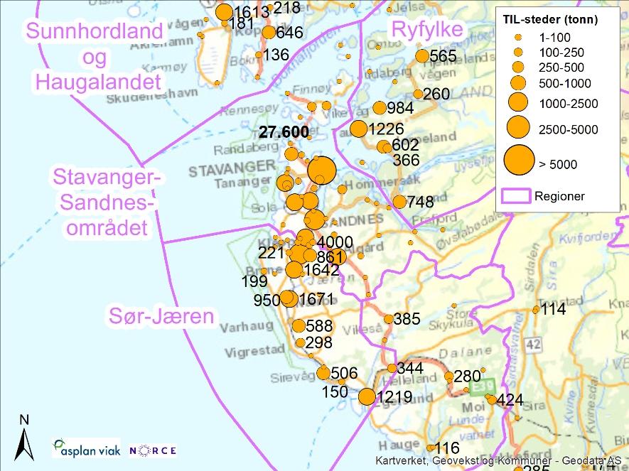 Vesentlige opprinnelsessteder for gods FRA Sør-Rogaland er illustrert i figuren til høyre.