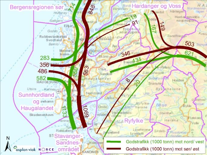 Det samlede volumet transportert til, fra og gjennom Sør-Rogaland, og Sunnhordland og Haugalandet har hatt en positiv trend i perioden 2010 til 2017.