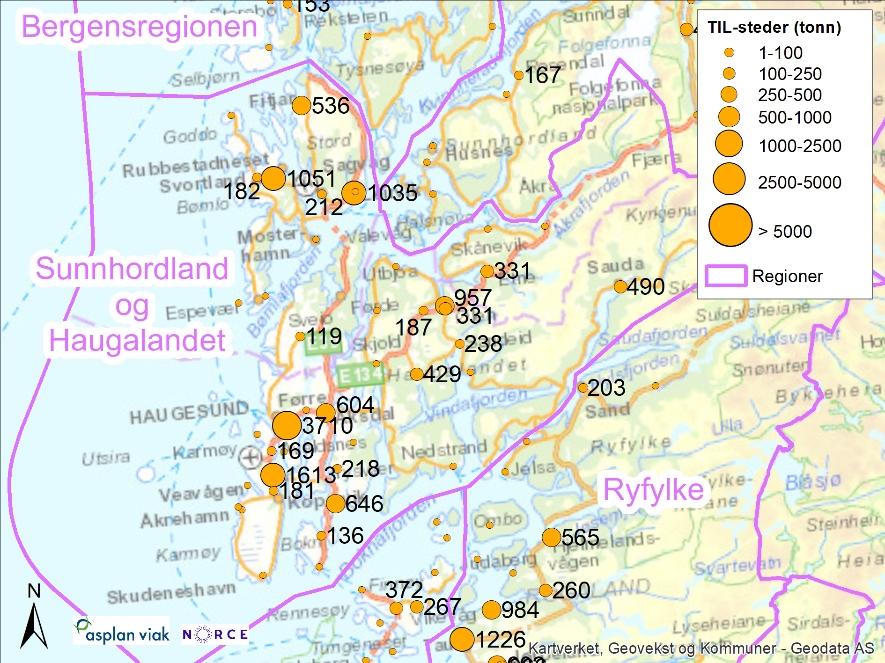 GODSTRANSPORT I ROGALAND 2018 Vesentlige opprinnelsessteder for gods FRA Haugaland og Sunnhordland er illustrert i figuren til høyre.