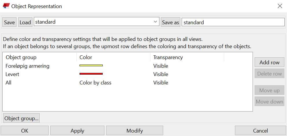 I alternative fargeoppsett kan Tekla skille på hvilken som helst parameter og sette farge etter disse.