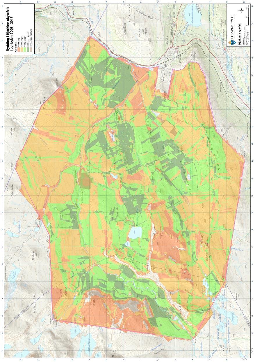 6.1.15 Totalt ryddet område pr 2017 Totalt er det gjennomført søk i 393,9 km² fordelt slik: 160,2 km² 1. gangs søk, 137,7 km² 2.