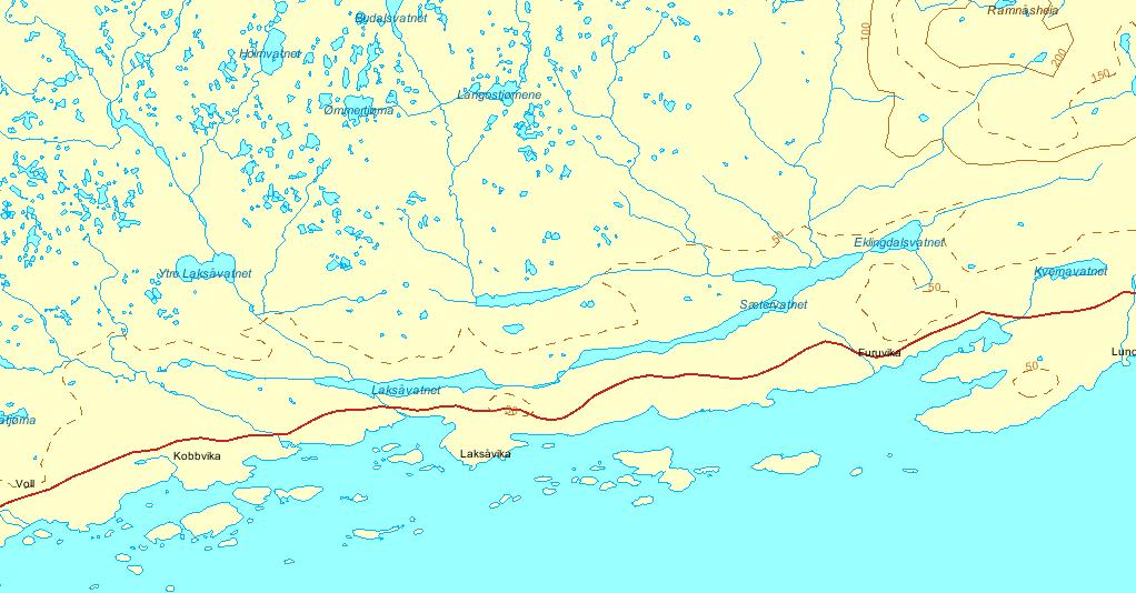 Tverråa Saudalsbekken Sætervatnet Sloelva Jakopsdalbekken Stordalselva Langvatnet Figur 1: Kart over Laksåvassdraget med undersøkte