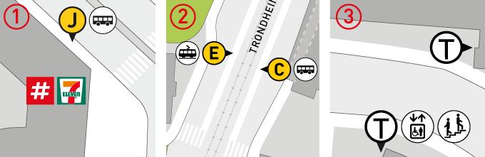 De brukes i to størrelser: 7 mm til tegnforklaring og 10 mm til kartet. Retningslinjer for bruk av piktogrammer (trapper, handikap, taxi osv.) finnes i Ruters piktogrambibliotek. 1. Billettsalg via en komersiell aktør markeres med salgsstedets piktogram rett over inngang.