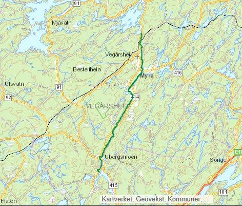 Figur 2. Vannforekomst 018-138-R Storelva (Vegår-Ubergsvatnet), med Myra-området i øvre del. Kilde: Vann-nett.