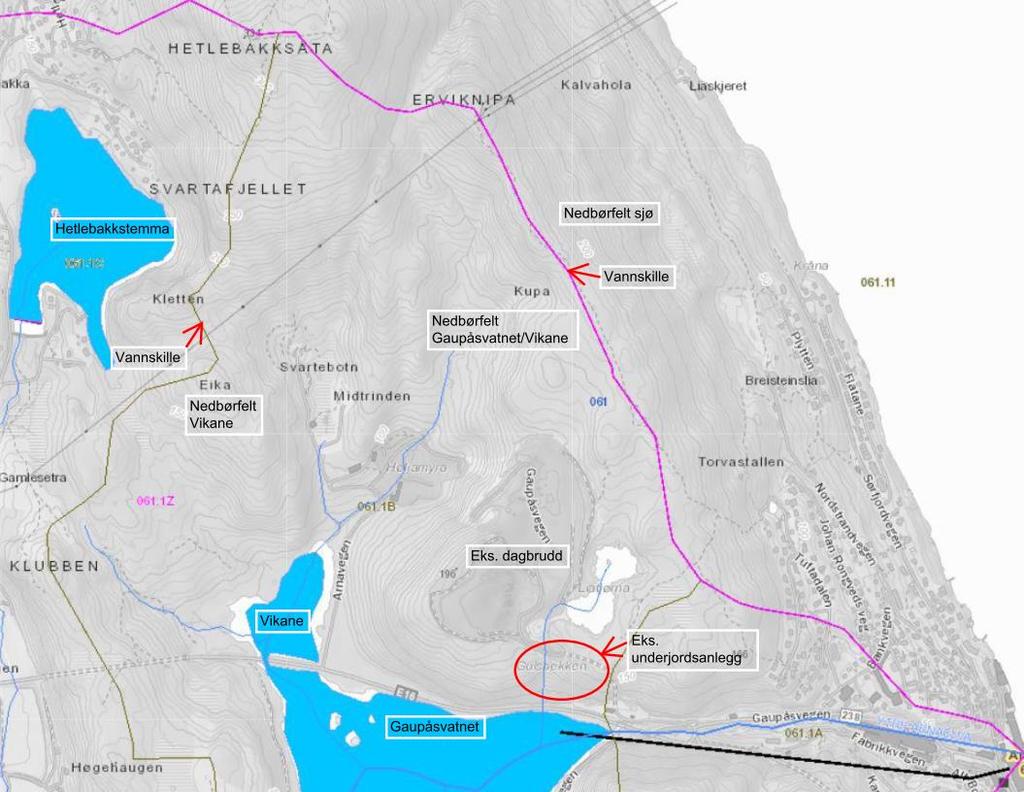 Arna steinknuseverk forurensing og avrenning 12 5 OVERFLATEVANN, VANNVEIER OG RESIPIENTER Planområdet tilhører Gaupåsvassdraget (vassdrag nr. 061.