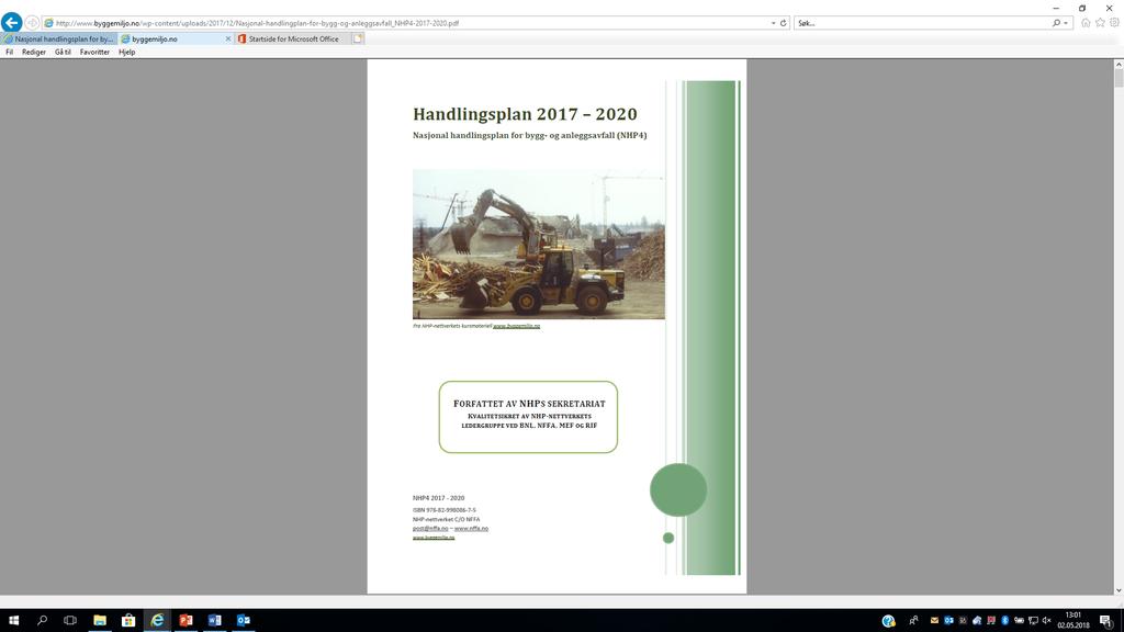 Nasjonal handlingsplan for bygg- og anleggsavfall, NHP Første NHP lansert 2001 Fjerde NHP lansert 2017 Næringen har gått fra å deponere over 80 %