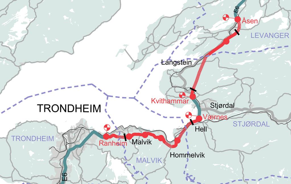 12 Prop. 81 S 2017 2018 Figur 5.1 Plassering av bomsnitt på ny E6 Ranheim Åsen 3. På ny E6 like sør for Forbordsfjelltunnelen 4.