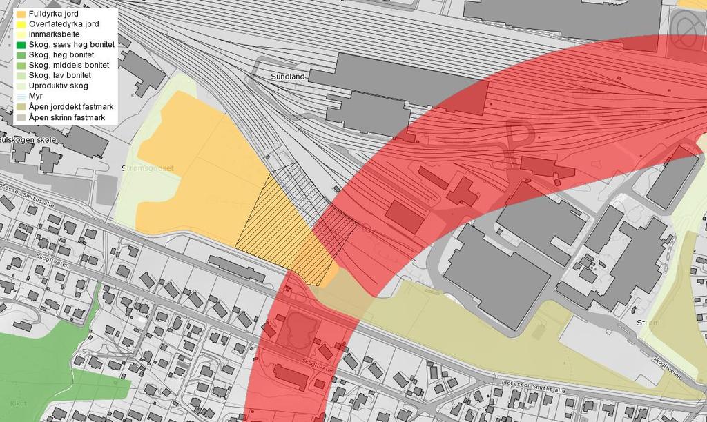 21 av 36 4.2.5 Korridor Sundland vest Traseen og planlagt riggområde vil medføre inngrep i et område som i AR5 er vurdert til å være fulldyrket mark.