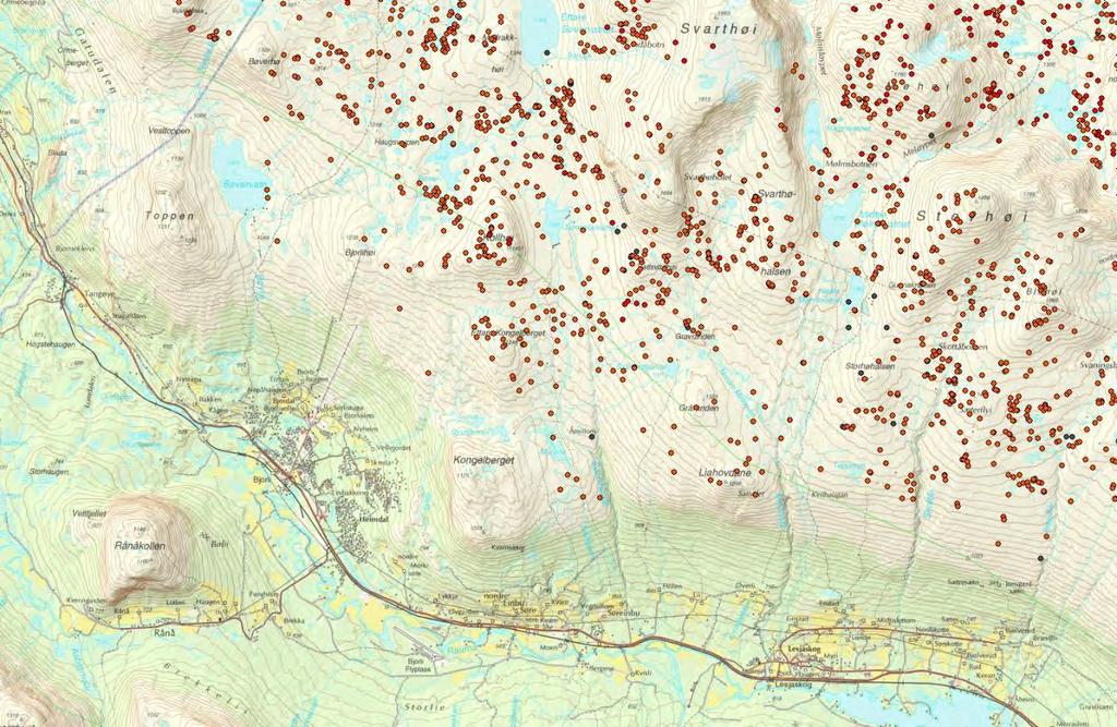 Kart 2: GPS-data fra barmarksesongen i 2009-2011 i områdene nord for Lesjaskog og Bjorli. Kilde: NINA Rapport 800 Villreinen i Snøhetta- og Knutshøområdet.