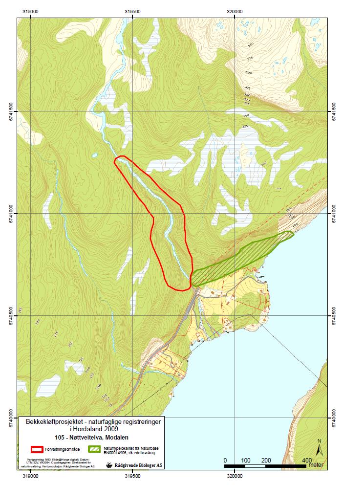 Figur 4. Kart over forvaltningsområdet for Nøttveit (lok. 105) og naturtypelokalitet fra Naturbase.