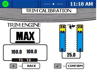 Del 2 - Oppsett og kalibrering 6. Når boksen "TRIM ENGINE" (TRIM MOTOR) gir deg beskjed om å trimme til "MAX" (MAKS.), skal du trimme alle motorer eller drev helt opp til transportstillingen.
