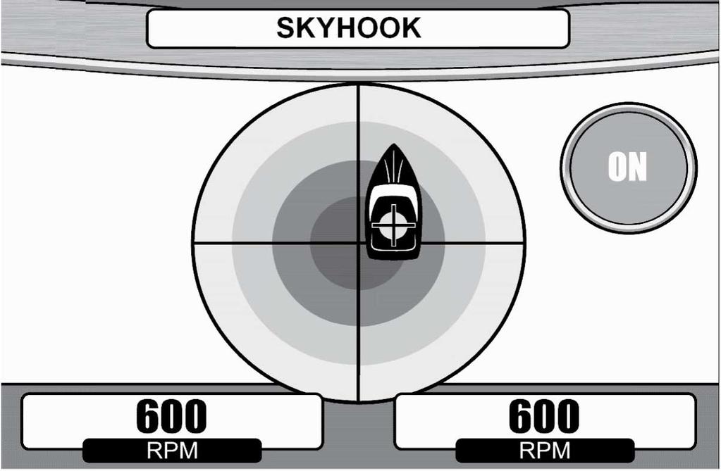 I Skyhook-modus vil "ON"-lampen lyse, en enkel pipetone høres og skjermbildet viser motorturtall, en trådkorsmarkør og et båtsymbol.