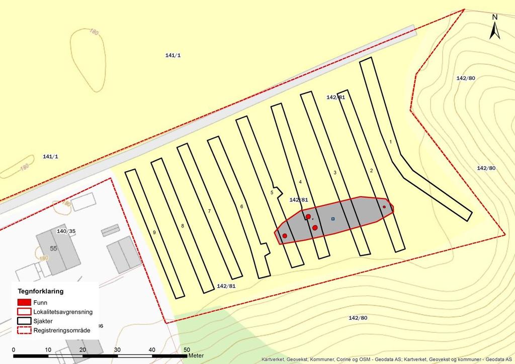 Figur 2: Kart over planområdet med sjakter og funn.