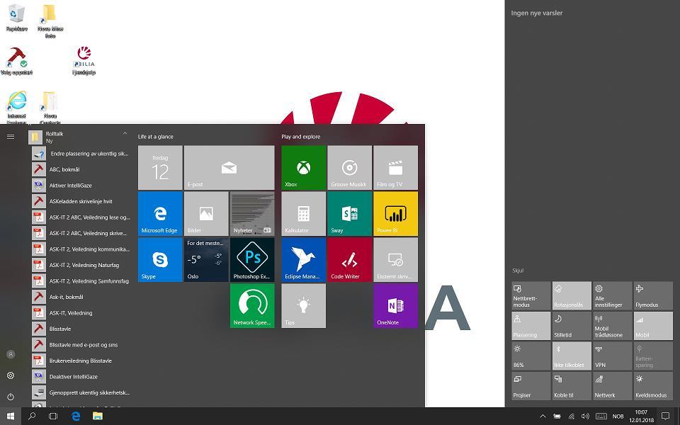 8. Startmenyen i Windows 10 På startmenyen vises paneler som fungerer som snarveier til installerte apper. I Rolltalk vises skrivebordet med ikonet for Rolltalk Designer.