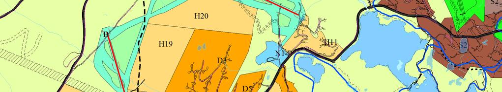 Figur: Kartutsnitt av kommunedelplanen som viser avgrensning av områdene H13 og H14, sammen med N1 og H12.