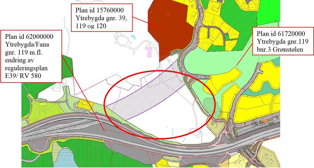 Området g/bnr. 119/148 (vist med rød stiplet linje over) ligger hovedsakelig med formål LNF i KPA 2010 og KPA 2016. Arealene i øst er dels avsatt til boligformål dels til grønnstruktur.