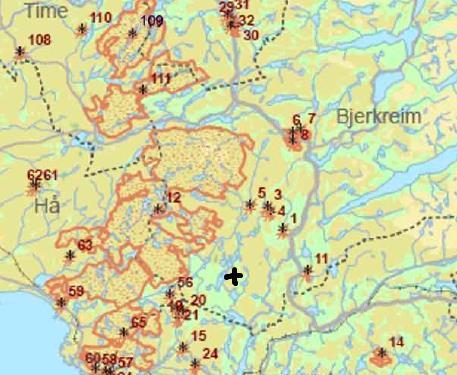 Figur 1. Dekningskart til Jordal sin rapport. Svart kross markerar omsøkte planteområde.