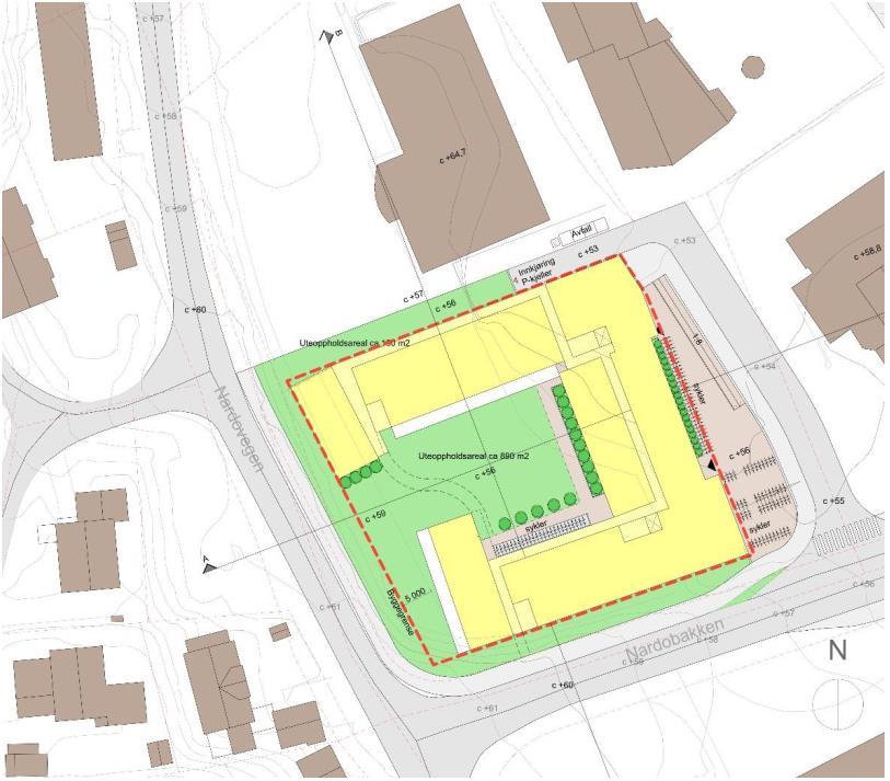 Figur 2. Foreløpig situasjonsplan for Nardovegen 6 (Voll Arkitekter AS).