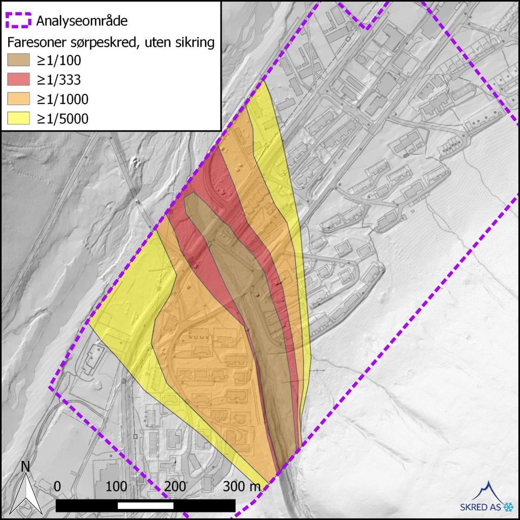 Figur 8: Vårt relativt grove forslag til faresoner for sørpeskred i området ved utløpet av Vannledningsdalen.