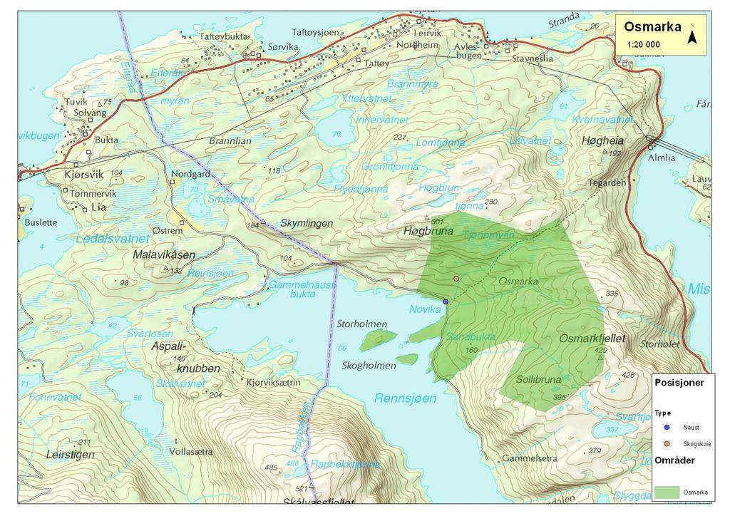 Kartet viser Hemne kommunes eiendom i Osmarka, den kommunale skogskoia og naustet ved Rennsjøen. Tabell 2.12. Tabellen viser kostnadene ved å gjennomføre nødvendige tiltak i Osmarka.